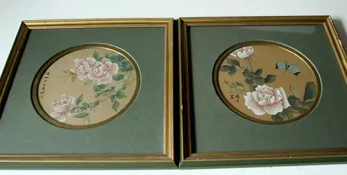 2 original chinesische Aquarelle Seidenmalerei mit Holzrahmen, Vintage aus den 1960ern