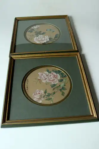 2 original chinesische Aquarelle Seidenmalerei mit Holzrahmen, Vintage aus den 1960ern