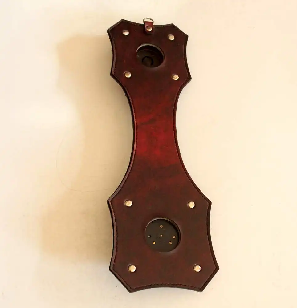 Mid Century Wetterstation aus Leder, Metall und Glas - Thermometer, Hygrometer, Barometer, Temperaturanzeige in Celsius und Fahrenheit, Vintage 5