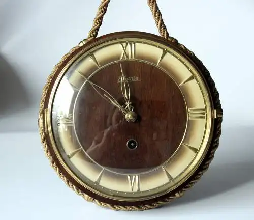 Wanduhr mit Handaufzug Holz/Glas Vintage aus den 1950ern