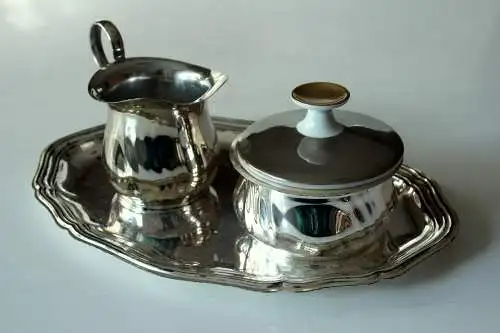 Milch und Zucker Set versilbert Metall, Vintage Milchkännchen und Zuckerdose mit Tablett, aus den 1950ern