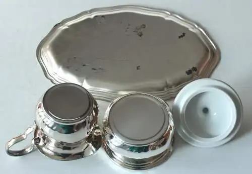 Milch und Zucker Set versilbert Metall, Vintage Milchkännchen und Zuckerdose mit Tablett, aus den 1950ern