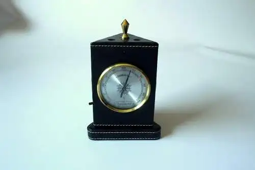 Drehbarer Stiftehalter, Wetterstation, Thermometer, Hygrometer, Barometer, voll funktionsfähig, schwarzes Kunstleder, Metall, Glas, Messing, Vintage