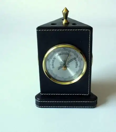 Drehbarer Stiftehalter, Wetterstation, Thermometer, Hygrometer, Barometer, voll funktionsfähig, schwarzes Kunstleder, Metall, Glas, Messing, Vintage