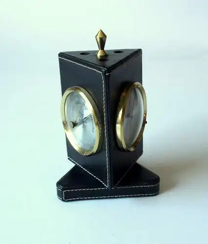 Drehbarer Stiftehalter, Wetterstation, Thermometer, Hygrometer, Barometer, voll funktionsfähig, schwarzes Kunstleder, Metall, Glas, Messing, Vintage