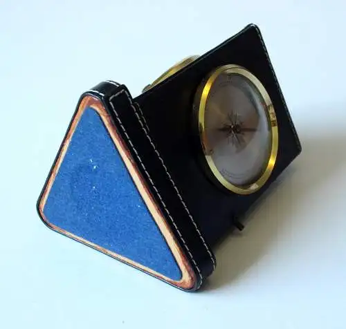 Drehbarer Stiftehalter, Wetterstation, Thermometer, Hygrometer, Barometer, voll funktionsfähig, schwarzes Kunstleder, Metall, Glas, Messing, Vintage