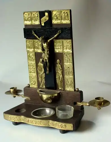 Alte Verseh-Garnitur, Verseh-Set, Hausaltar aus den 1960ern, Letzte Ölung, Krankensalbung, Metall, Holz, Kunststoff