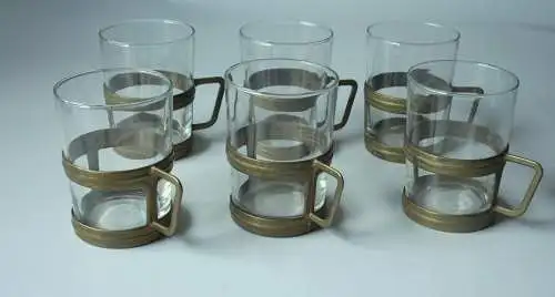 Tolles Set mit 6 Teetassen Messing-Glas auf einem Messingtablett - Groggläser - Vintage aus den 1970ern