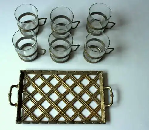 Tolles Set mit 6 Teetassen Messing-Glas auf einem Messingtablett - Groggläser - Vintage aus den 1970ern