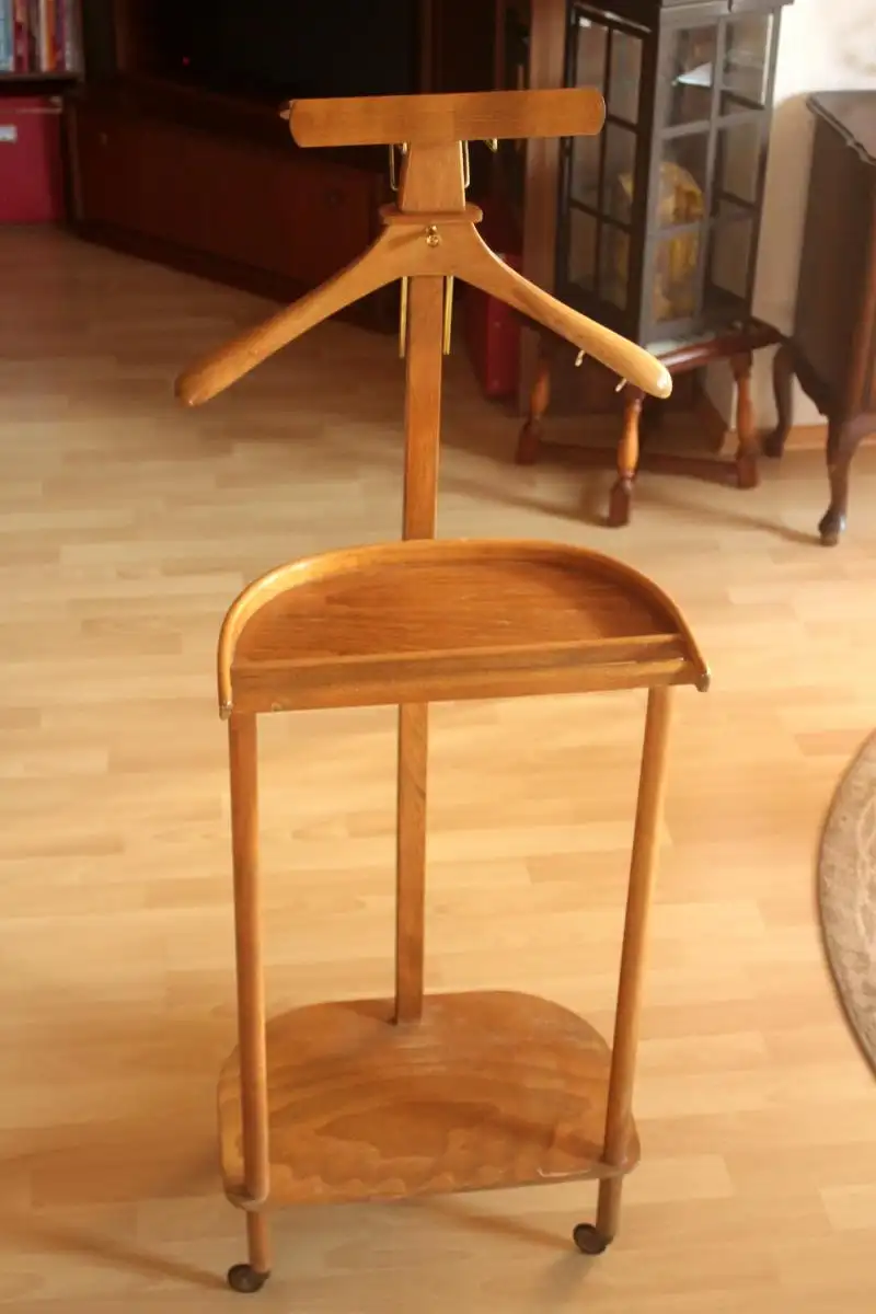 1930s Stummer Diener - Valet Stand - Holz, Metall, Kleiderständer auf Rollen 1