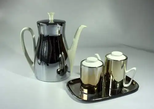 SuS Kaffeekanne mit Metall-Warmhaltehaube (Porzellan, Keramik) als Set mit Milchkännchen und Zuckerdose - Vintage