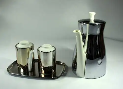 SuS Kaffeekanne mit Metall-Warmhaltehaube (Porzellan, Keramik) als Set mit Milchkännchen und Zuckerdose - Vintage