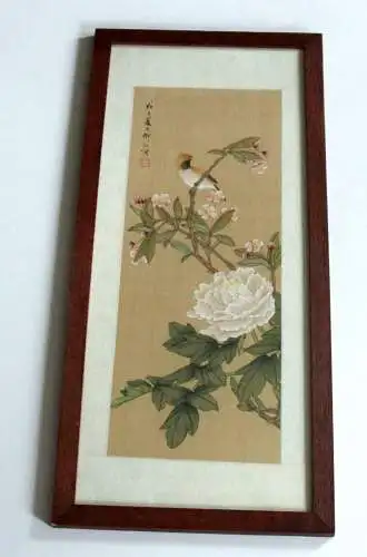 Handgemaltes japanisches Wandbild - Kirschblüte mit Vogel - professionell gerahmt - mit Künstlersignatur und Stempel 