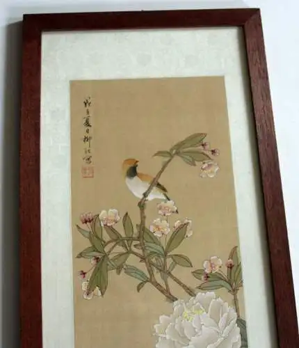 Handgemaltes japanisches Wandbild - Kirschblüte mit Vogel - professionell gerahmt - mit Künstlersignatur und Stempel 