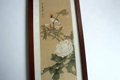 Handgemaltes japanisches Wandbild - Kirschblüte mit Vogel - professionell gerahmt - mit Künstlersignatur und Stempel 