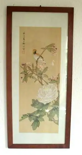 Handgemaltes japanisches Wandbild - Kirschblüte mit Vogel - professionell gerahmt - mit Künstlersignatur und Stempel 