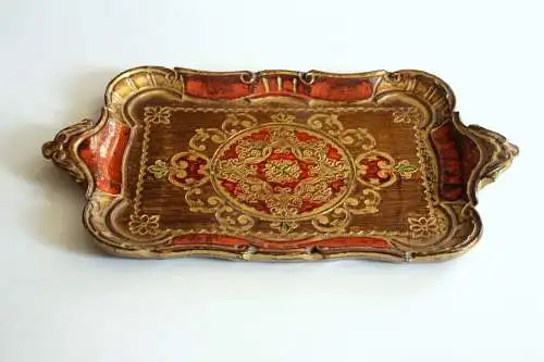 Kleines Florentiner Tablett - italienisches Serviertablett aus Holz - orange/gold mit pistazien-grünen Akzenten - Vintage