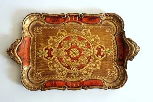 Kleines Florentiner Tablett - italienisches Serviertablett aus Holz - orange/gold mit pistazien-grünen Akzenten - Vintage