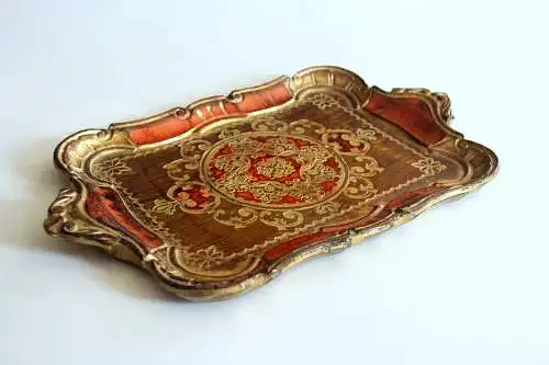 Kleines Florentiner Tablett - italienisches Serviertablett aus Holz - orange/gold mit pistazien-grünen Akzenten - Vintage