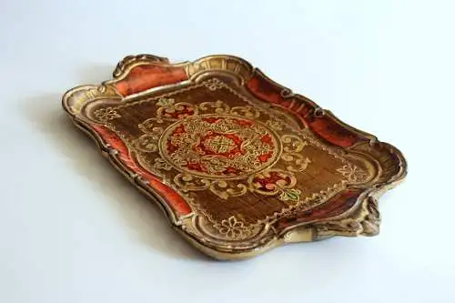 Kleines Florentiner Tablett - italienisches Serviertablett aus Holz - orange/gold mit pistazien-grünen Akzenten - Vintage
