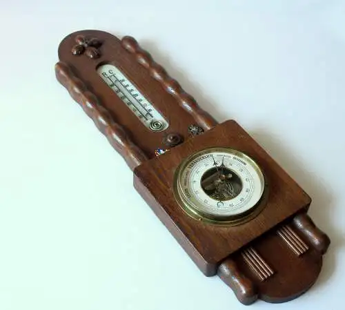 1920s Antike handgeschnitzte Wetterstation - Thermometer Temperaturanzeige in Celsius und Reaumur + Barometer