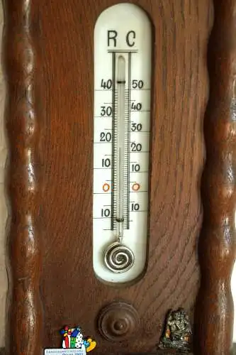 1920s Antike handgeschnitzte Wetterstation - Thermometer Temperaturanzeige in Celsius und Reaumur + Barometer