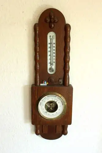 1920s Antike handgeschnitzte Wetterstation - Thermometer Temperaturanzeige in Celsius und Reaumur + Barometer