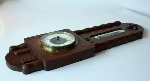 1920s Antike handgeschnitzte Wetterstation - Thermometer Temperaturanzeige in Celsius und Reaumur + Barometer