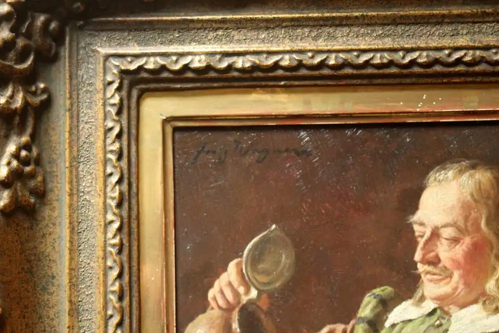 Gemälde: Weinprobe - Fritz Wagner - Genremaler - 1896 München - 1939 München - sign. Fritz Wagner - Öl auf Holz - barocker Stuckrahmen vergoldet 2