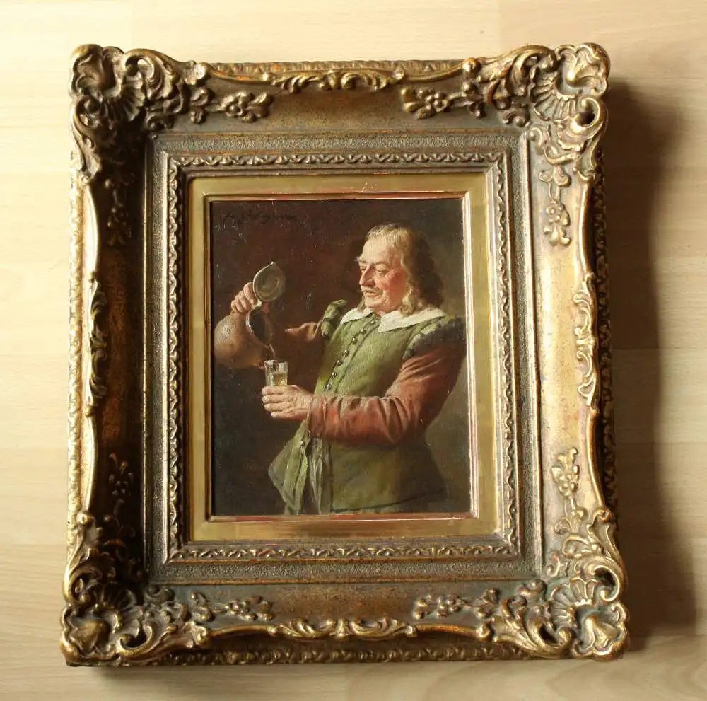 Gemälde: Weinprobe - Fritz Wagner - Genremaler - 1896 München - 1939 München - sign. Fritz Wagner - Öl auf Holz - barocker Stuckrahmen vergoldet 5