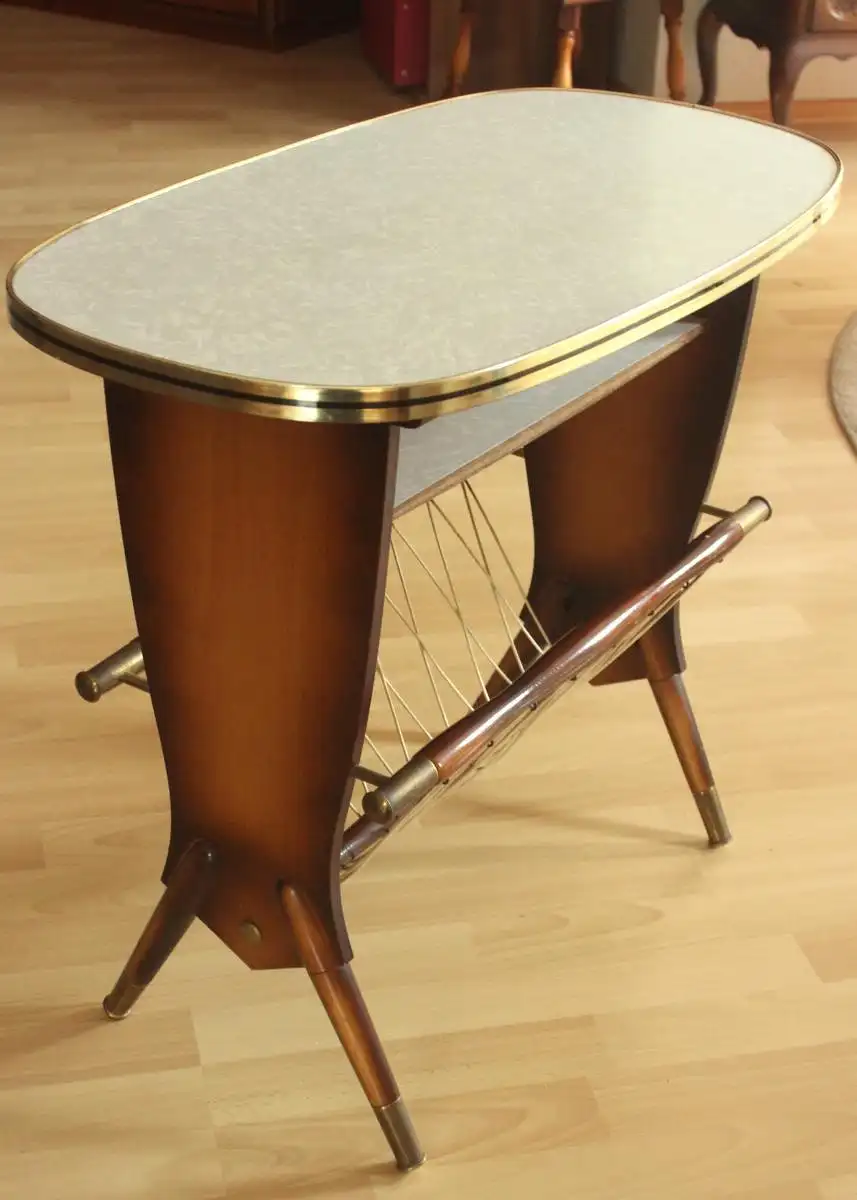 50er Jahre Zeitungsständer - Beistelltisch mit Zeitungsablage - Zeitungstisch - Holz/Homapal-Kunststoffplatten - Kultmöbel aus den 50ern 4