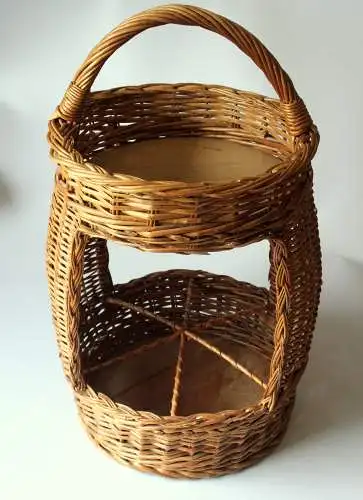 Flaschenkorb hoch geflochten Handarbeit - Weide und Holz - Vintage
