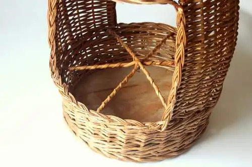 Flaschenkorb hoch geflochten Handarbeit - Weide und Holz - Vintage