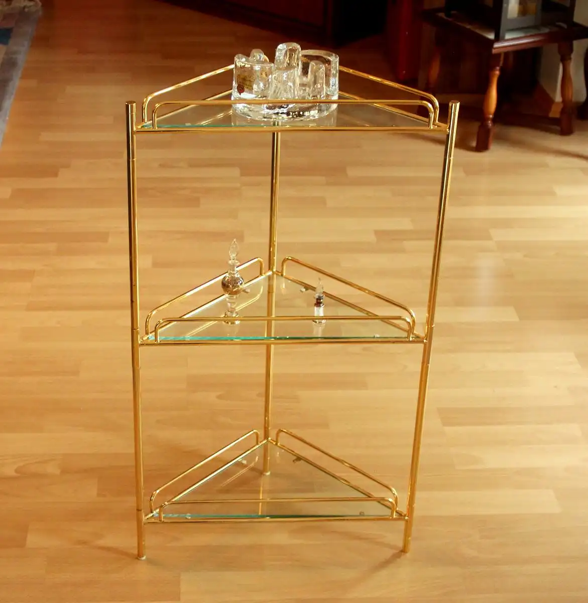 Mid Century Eckregal freistehend - Messing/Glas - 3 Etagen - Vintage 0