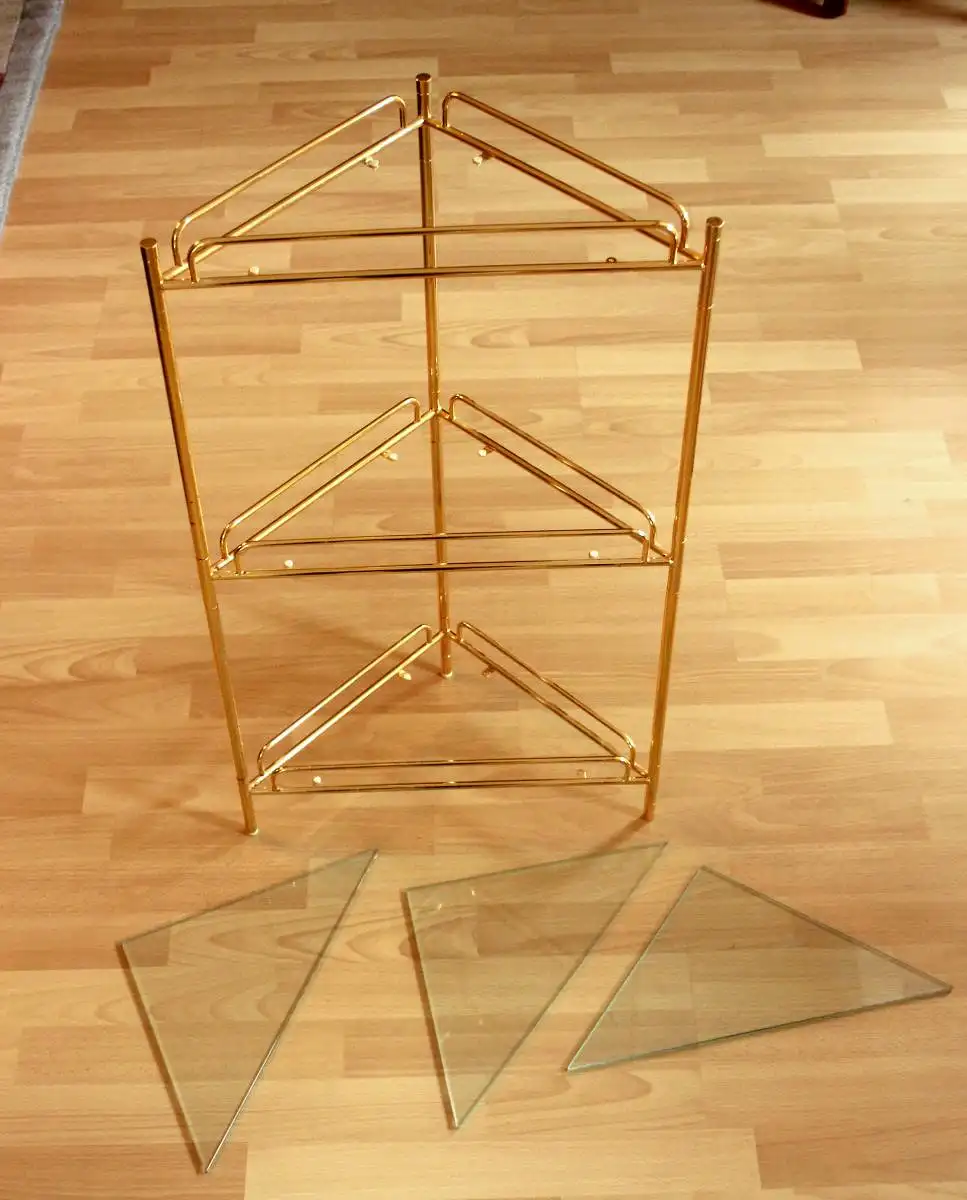 Mid Century Eckregal freistehend - Messing/Glas - 3 Etagen - Vintage 8