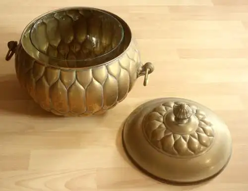 Antiker Messing Bowletopf Jugendstil ca. 1900 - Böhme und Hennen Kunstgewerbe, Dresden - mit Original-Glaseinsatz - absolute Rarität - Sammlerstück