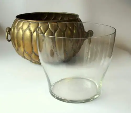 Antiker Messing Bowletopf Jugendstil ca. 1900 - Böhme und Hennen Kunstgewerbe, Dresden - mit Original-Glaseinsatz - absolute Rarität - Sammlerstück