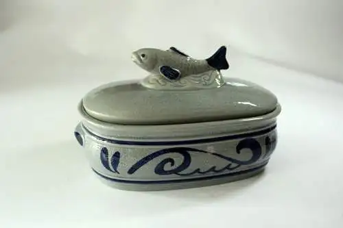 Toller Matjes-Topf, Heringstopf, Fischtopf aus blauem Steingut mit Deckel - Vintage aus den 70ern