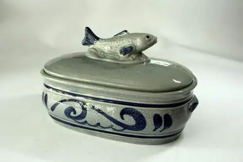 Toller Matjes-Topf, Heringstopf, Fischtopf aus blauem Steingut mit Deckel - Vintage aus den 70ern