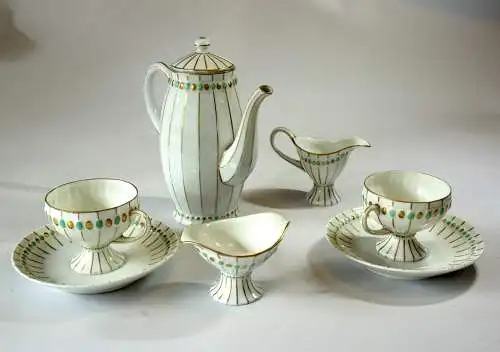 Mäbendorf Porzellan 1882 rein handgemalt - Art Deco Mokka Service bestehend aus Mokka-Kanne, 2 Tassen mit Untertassen, Zuckerdose+Milchkännchen