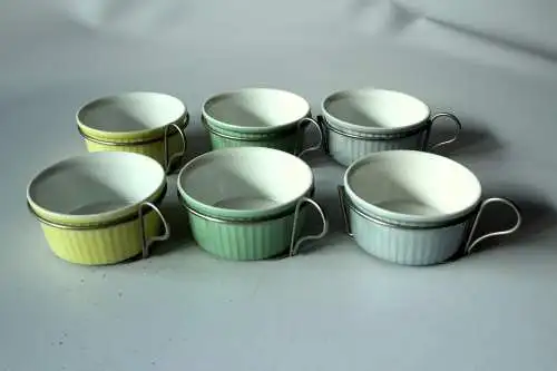 6 Rosenthal Souffle Formen farbig Keramik mit Metallhalter - Auflaufformen - Mini Backformen - Vintage