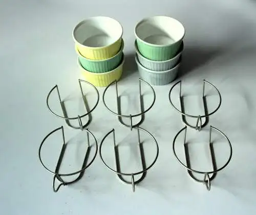 6 Rosenthal Souffle Formen farbig Keramik mit Metallhalter - Auflaufformen - Mini Backformen - Vintage