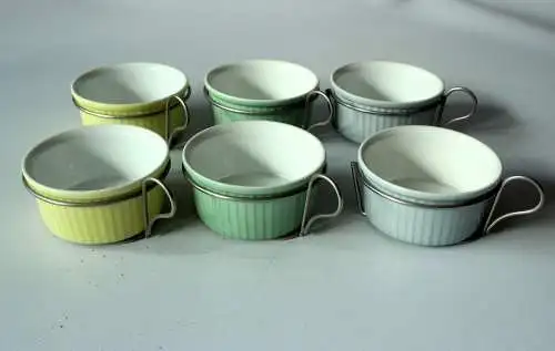 6 Rosenthal Souffle Formen farbig Keramik mit Metallhalter - Auflaufformen - Mini Backformen - Vintage