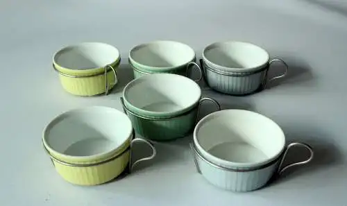 6 Rosenthal Souffle Formen farbig Keramik mit Metallhalter - Auflaufformen - Mini Backformen - Vintage