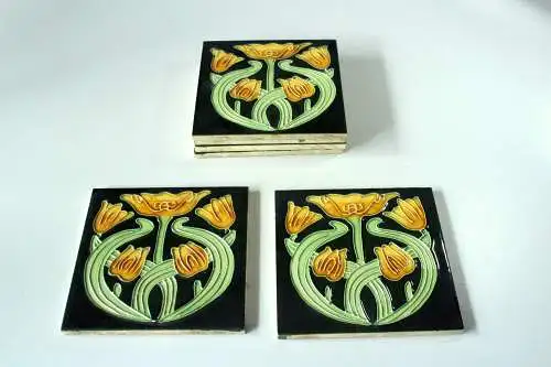 6 Fliesen dunkelgrün floral stilisiert Jugendstil Antik