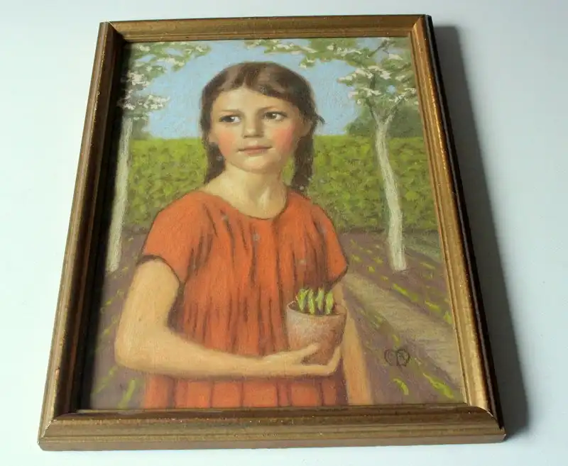 1920s Original antikes Pastellporträt im Holzrahmen unter Glas - monogrammiert - 