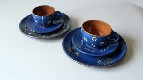 2 Kaffeegedecke Keramik dunkelblau handgetöpfert handbemalt - harmoniert mit Bunzlauer Keramik