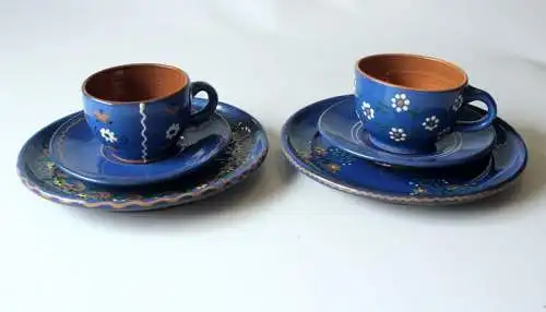 2 Kaffeegedecke Keramik dunkelblau handgetöpfert handbemalt - harmoniert mit Bunzlauer Keramik