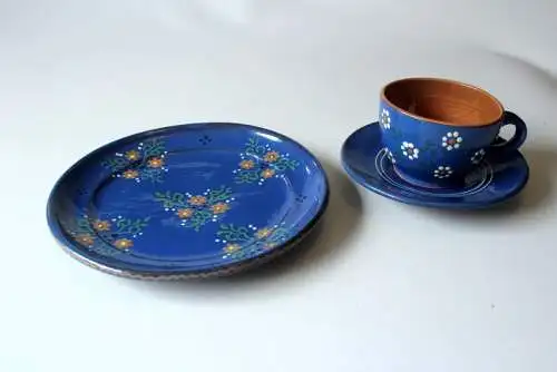 2 Kaffeegedecke Keramik dunkelblau handgetöpfert handbemalt - harmoniert mit Bunzlauer Keramik