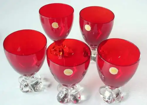 5 Murano Glass Weinkelche rot - Weingläser - Likörgläser handgearbeitet - made in Italy - gemarkt